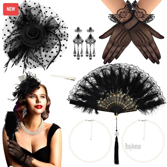 Other - Vintage Fascinator Hat Set with Pearl Necklace Lace Gloves Earrings Feather Fan